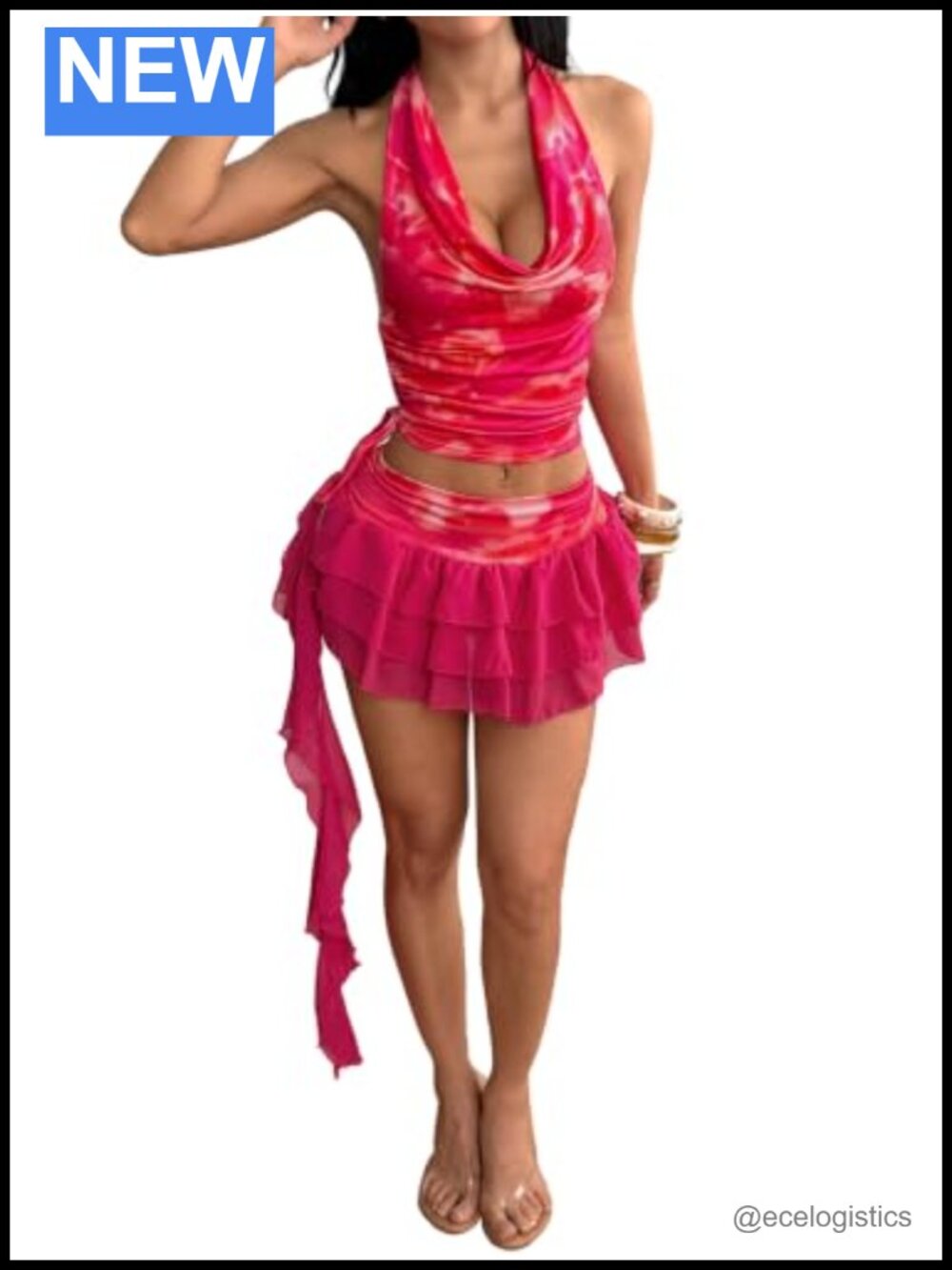 Women's 2 Piece Tie Dye Cowl Neck Halter Top Layered Ruffle Mini Skirt Set